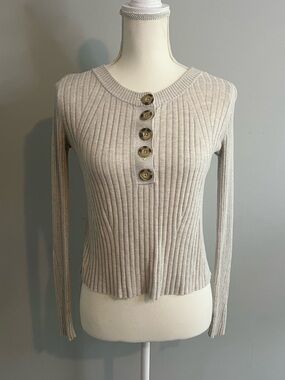American Eagle Outfitters Ribbed Henley Sweater in Light Beige